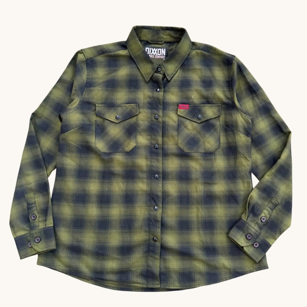Dixxon Flannel Lone Wolf Olive Green‎ Black Plaid Snap Button Shirt Womens XL